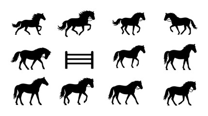 Obraz premium Horse Silhouettes Collection, Equestrian Vector Icons Set, Galloping and Standing Equine Poses, Black Animal Graphics for Sport and Lifestyle