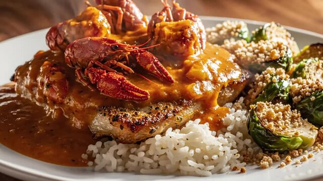 Savory crawfish &Atilde;&copy;touff&Atilde;&copy;e dish with seared protein, rice, and roasted brussels sprouts, a gourmet meal