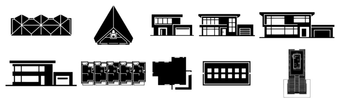 modern architectural house plans and contemporary building facade elevations set in minimalist black vector style