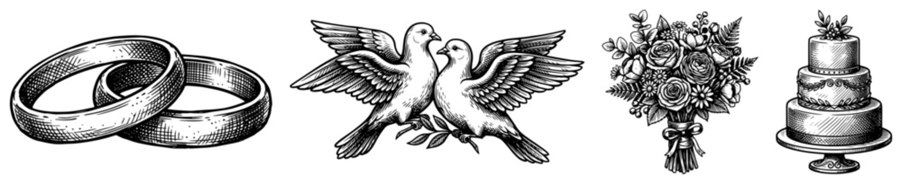 Wedding rings doves bouquet and cake marriage elements set in vintage engraving style
