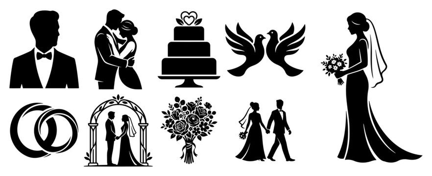 wedding ceremony icons collection with bride groom cake and interlocking rings in elegant black silhouette style