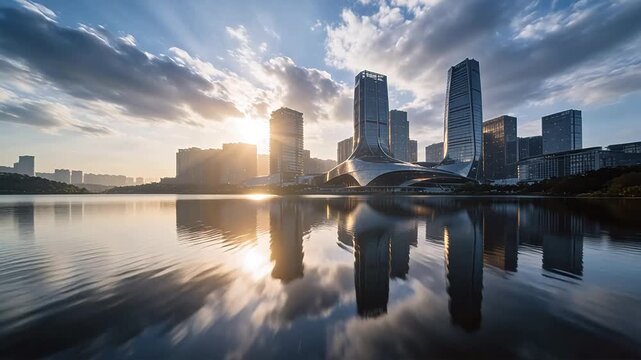 Modern city skyline reflecting on calm water with cloudy sky