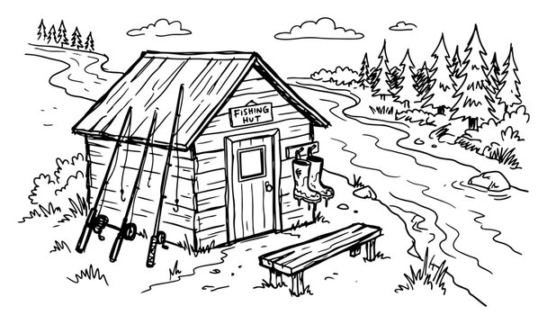 Fishing hut by a river in the forest with fishing equipment landscape sketch style