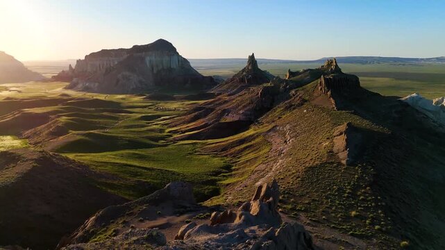 Drone flight at sunset in the Ayrakty Castle Valley in Mangystau, Kazakhstan