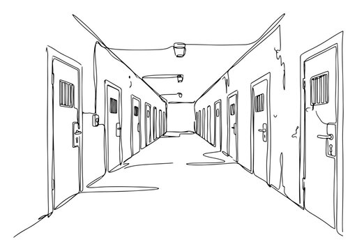 Prison corridor with rows of cell doors in perspective continuous line drawing style