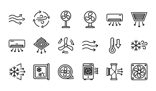 Cold Air Flow and Ventilation Outline Icon Set with Cooling and Air Conditioning Vector Symbols