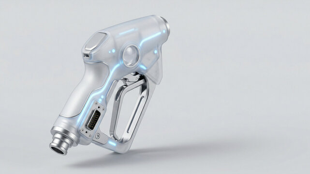 Handheld silver device with trigger and blue light on light background with copy space