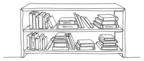 Bookshelf filled with stacked and upright books line art drawing © Amelia