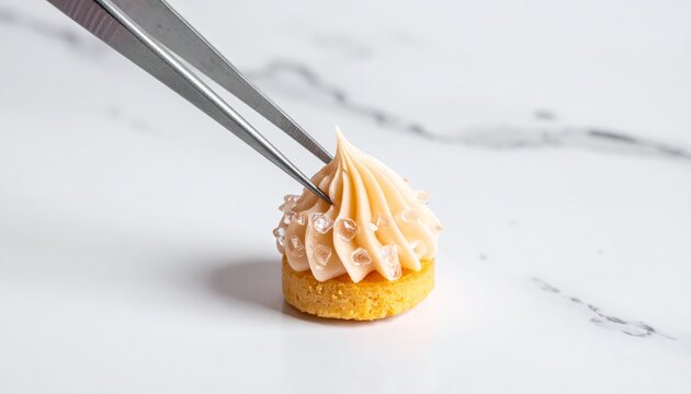Gourmet Petit Four Pastry Being Artfully Decorated with Creamy Swirled Icing and Delicate Sugar Accents