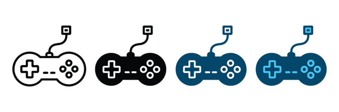 Set of game controller icons, video game gamepad symbols in different styles isolated on white background