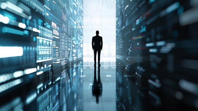 The silhouette of a manager is positioned against a futuristic digital display showing logistics operations and technological innovations, with plenty of space for copy.