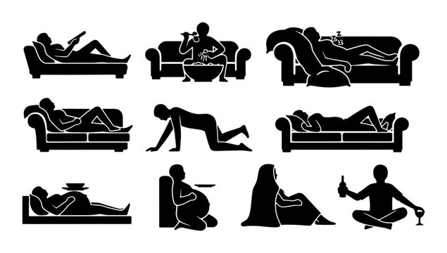 Relaxation and Leisure Poses Vector Icons Set, Diverse Human Activities and Lifestyle Silhouettes, Comfort and Downtime Graphics