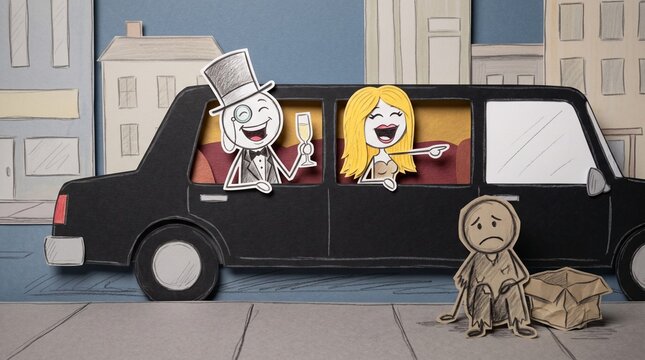 A wealthy paper-cut couple laughs and drinks champagne inside a limousine, mockingly pointing at a sad, impoverished man on the sidewalk, delivering a sharp critique on class disparity.