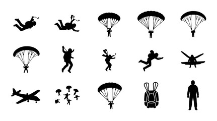 Skydiving Silhouette Icons Set, Parachuting Adventure Vector Graphics, Extreme Sports Action Collection, Aerial Jump and Aircraft Illustrations © Imran
