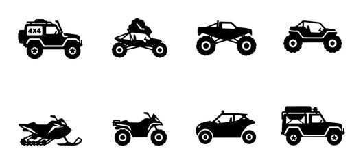 Off-Road Vehicle Icons Set: ATVs, Snowmobiles, Buggies, and SUVs for Adventure and Recreation Graphics © Imran