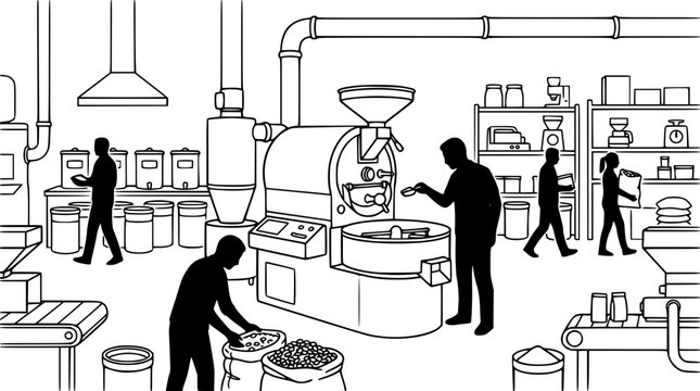 Coffee Roastery Scene with Silhouetted Workers and Industrial Roasting Machine