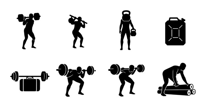 Fitness Icons Set: Weightlifting, Kettlebell Training, and Strength Exercises, Vector Silhouettes for Gym and Workout Graphics