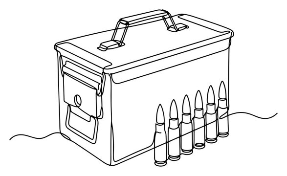 Military ammunition box with rifle bullets in minimalist continuous line drawing style