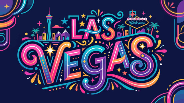 Las Vegas colorful illustration, vibrant city design for travel and entertainment.