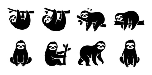 Cute Sloth Vector Icons, Set of 8 Black Silhouette Illustrations, Tropical Animal Poses for Wildlife and Nature Designs © Jannatul