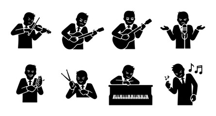 Musician Icon Set: Diverse Instruments and Actions, Business People Playing Music, Vector Graphics for Performance and Entertainment Concepts © Jannatul