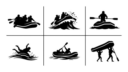 Rafting Icons Set, White Water Adventure Silhouettes, Extreme Sports Vector Graphics, Outdoor Activity Illustrations © Jannatul