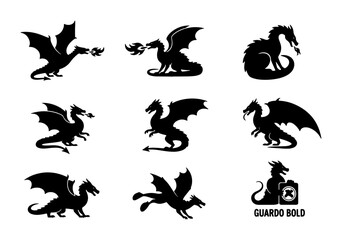 Fototapeta premium Mythical Dragon Silhouettes Collection, Fantasy Creature Vector Icons Set, Fire Breathing Beasts Graphic Elements, Legendary Monster Art