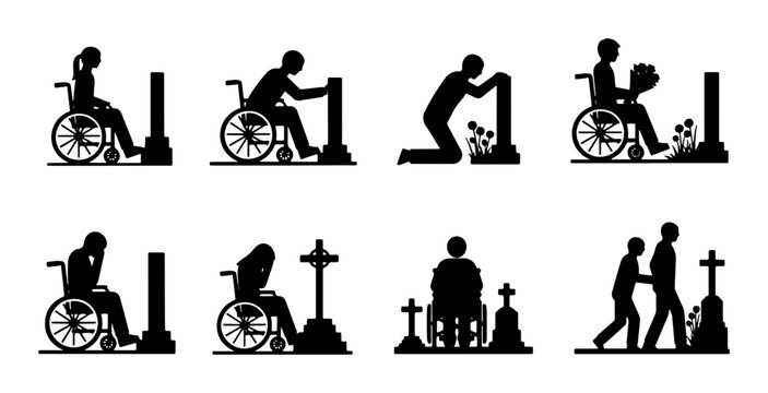 Grief and Remembrance: Silhouette Icons of People in Wheelchairs and Visitors at Gravestones, Memorials, and Cemeteries, Expressing Sadness and Solitude