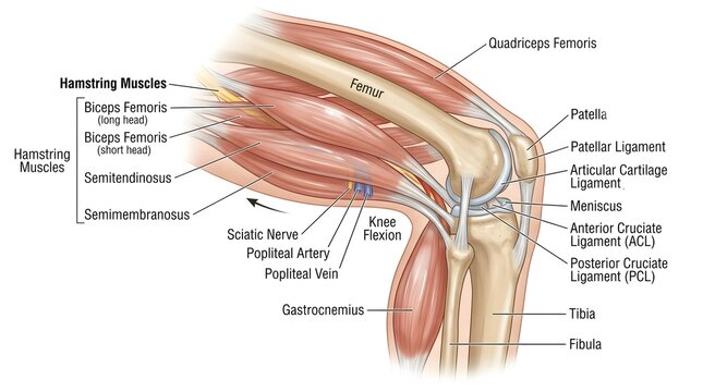 Hamstring Muscles and Posterior Knee Anatomy: Lateral View of Biceps Femoris, Semitendinosus, Semimembranosus, Sciatic Nerve, Popliteal Vessels, Cruciate and Collateral Ligaments, Menisci and Quadrice