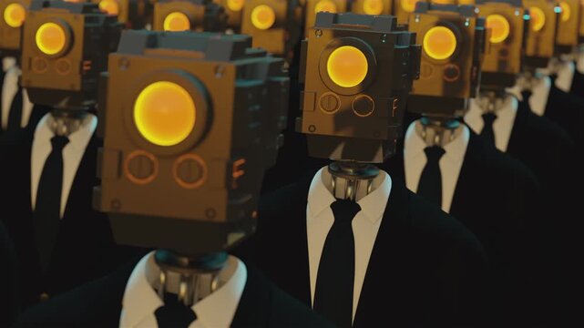 Endless 3d animation loop of humanoid cyborgs with technology heads wearing business suits. Concept of total control, mass monitoring, privacy loss and futuristic corporate dictatorship.