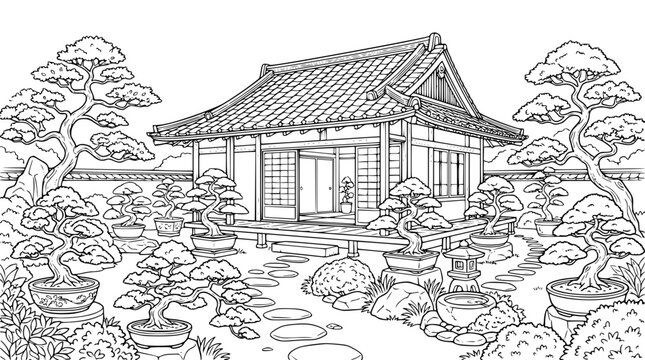 Traditional Japanese House and Zen Bonsai Garden Coloring Page