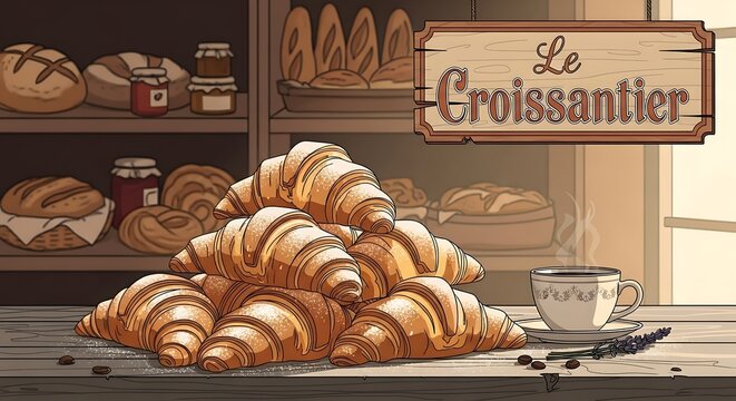 Freshly baked croissants on display in bakery case.
