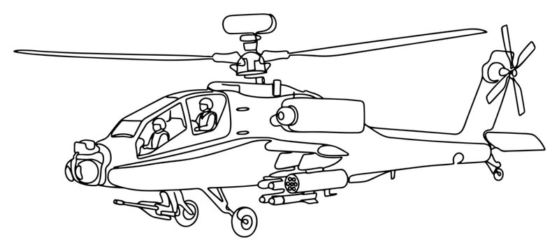 Military attack helicopter aircraft in minimalist continuous line art style