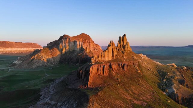 Drone flight at sunset in the Ayrakty Castle Valley in Mangystau, Kazakhstan