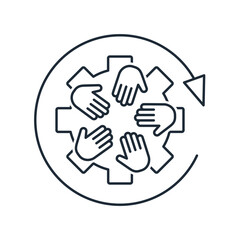 Obraz premium A group of people are turning a gear. The concept of teamwork. Vector linear icon illustration isolated on white background.