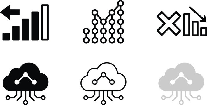 Cloud Data Computing Icon Set Featuring Business Growth Analytics Deficit Charts and Network Server Node Symbols
