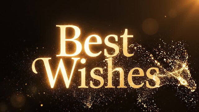 Golden glitter particle trail animation sweeping across dark background revealing Best Wishes text with warm bokeh glow. Elegant greeting motion graphic.