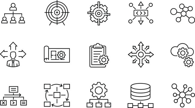 DevOps and System Architecture Line Icon Set for Workflow Optimization, Data Infrastructure, and Agile Development Projects