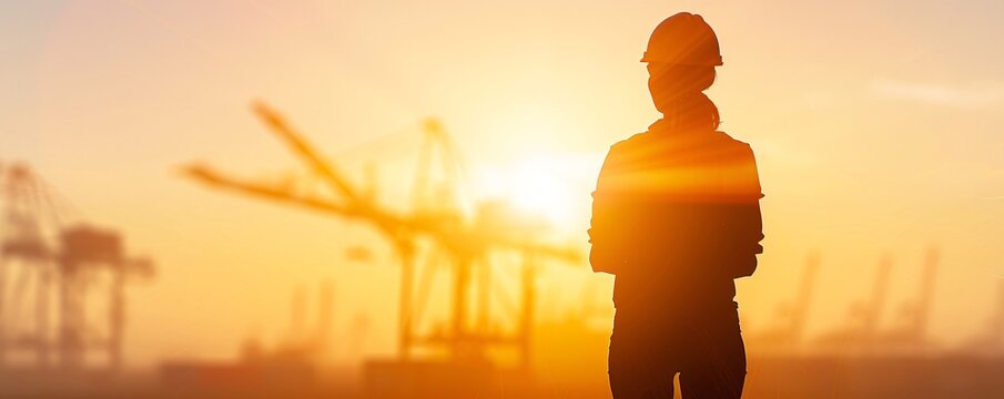 In a vast industrial landscape, the silhouette of a logistics coordinator directs operations at a transportation hub, providing ample copy space for text.