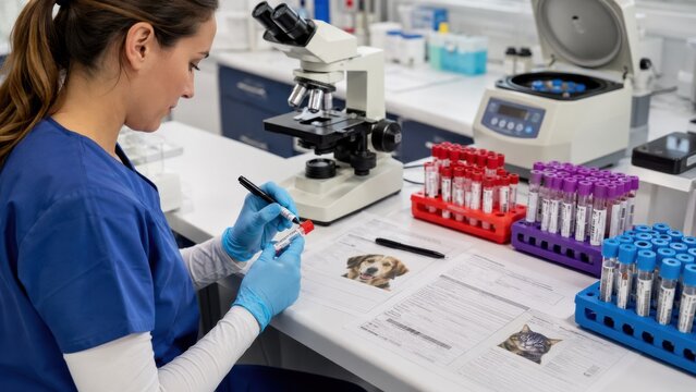 Lab technician processes samples and records data at a veterinary clinic