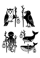 Naklejka premium Stylish Birds and Sea Creatures Silhouette Art Print