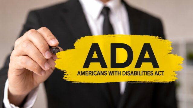 A professional hand writes "ADA" with a yellow background, highlighting the Americans with Disabilities Act and its significance in promoting accessibility.