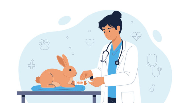 Veterinarian treats rabbit with bandage, illustration style, healthcare concept