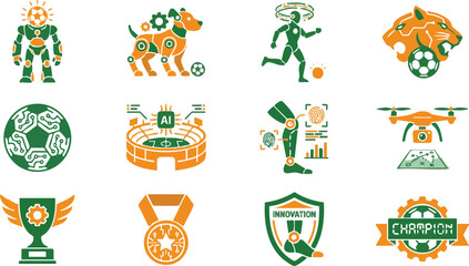 Fototapeta premium Football Championship Mascot and Sports Achievement Icon Set Vector Illustration
