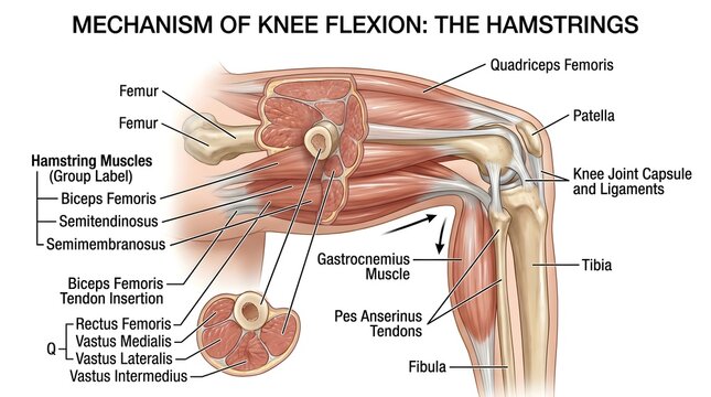 Mechanism of Knee Flexion: Hamstring Muscles Acting Across the Posterior Thigh and Knee Joint with Biceps Femoris, Semitendinosus, Semimembranosus, Gastrocnemius, Quadriceps Femoris and Cross‑Sectiona