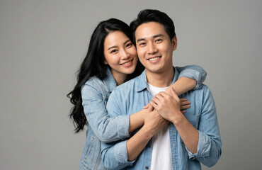 Fototapeta premium A happy young Asian couple wearing matching denim shirts smiles warmly at the camera while the woman embraces the man from behind against a solid grey background