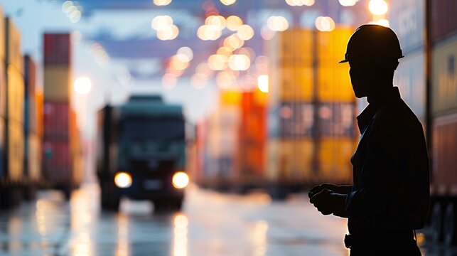A logistics manager in silhouette directs operations at an industrial container terminal, overseeing the movement of goods and transportation vehicles, with ample copy space for custom messaging.