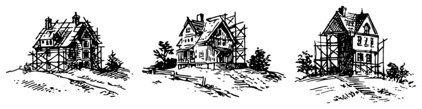 House under construction with scaffolding around the wooden frame in vintage sketch style