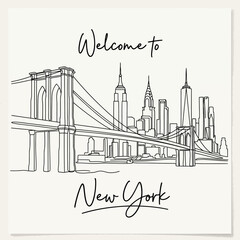 Fototapeta premium New York City Skyline Illustration: Brooklyn Bridge & Skyscrapers