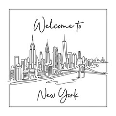 Naklejka premium New York City Skyline Illustrated, Monochrome Line Art